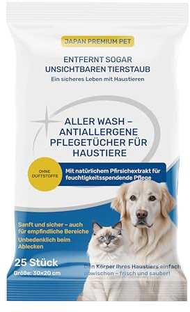 Antiallergene Haustiertücher mit Natürlichem Pfirsichextrakt | 30 x 20 cm | Pflegetücher desodorierend mit Frischeverschluss, Hunde Handtuch, Reinigungstücher Katzen, Frei von Alkohol und Duftstoffe