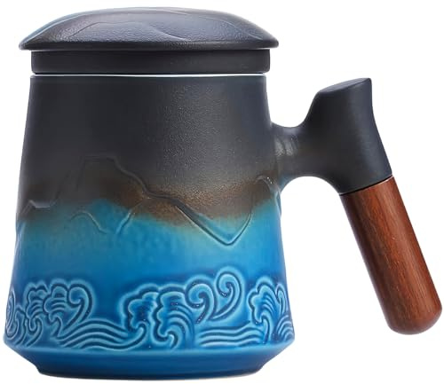 MAXJOY Tazza da tè con infusore e coperchio tazze da tè in ceramica con manico in legno per macerare tè a foglia sciolta (382,7 g, smalto classico nero blu sfumato) regali in porcellana di fascia alta