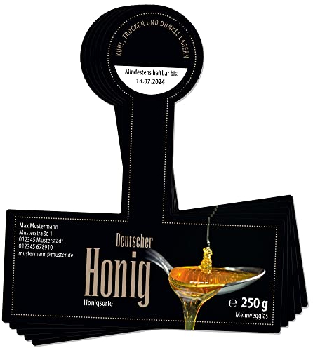 Apoidea – Honig Etiketten 250 g mit Gewährverschluss selbstklebend & personalisierbar - 50 Stück/Etiketten Honiggläser/Honig Aufkleber für selbstgemachten Honig/Honigetiketten für Honiggläser