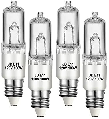 Jaenmsa JDE11 120V 100W Halogen Mini Candelabra Bulbs,T4 100W JD E11 Bulb 4 Pack (Replacement E11 LED Bulb) 2700K Warm White Dimmable Halogen Bulb T4 for Ceiling Fan Light,Chandeliers,Table Lamps