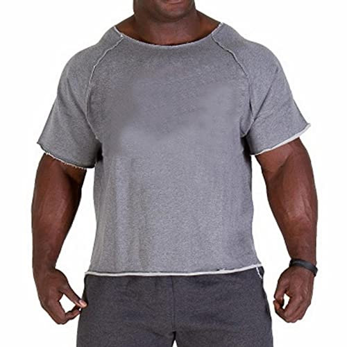 OPAGEE Men'S T-Shirts Men Cotton Casual T Shirts Fitness Men Bodybuilding Shirt Batwing Sleeve Rag Shirt Gym Wear Running T-Shirt Round Neck-Gray,L