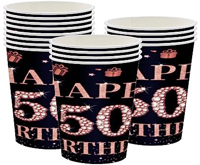 COSORO 16Pcs Black Rose Gold 50th Birthday Party Supplies, Disposable Tableware Set, Paper Cups, Happy Birthday Table Decorations for Women