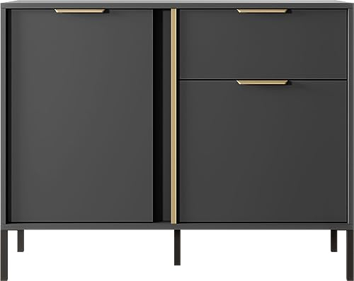 WFL GROUP Elegant Anthrazit Kommode - Modern Sideboard 100, 150, 200 cm - Skandinavisch Schrank mit goldenen Griffen - NOX Set - mit Hohe Schwarze Metallfüße - 103 x 40 cm - Kommode 2D1S