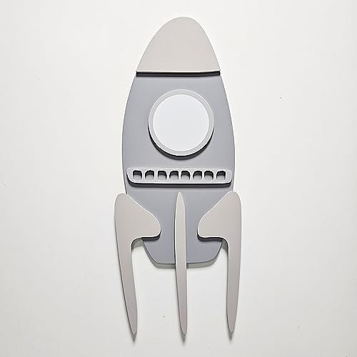 KiddyMoon Wanddekor 3D Wandskulpturen Kinderzimmer Akccessoire Für Kinder Hergestellt Aus MDF Babys Wanddeko Montessori Spaß Dekoration Rakete Muster, Grau