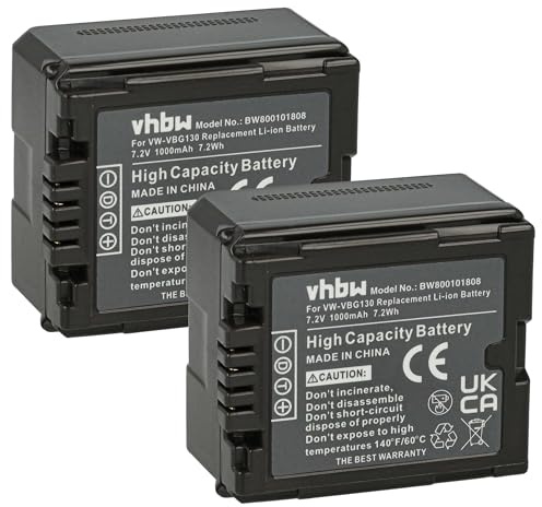 vhbw 2X Akku kompatibel mit Panasonic HDC-SD600 | HDC-SD300, HDC-SD200 Videokamera Camcorder (1000 mAh, 7,2 V, Li-Ion) + Infochip