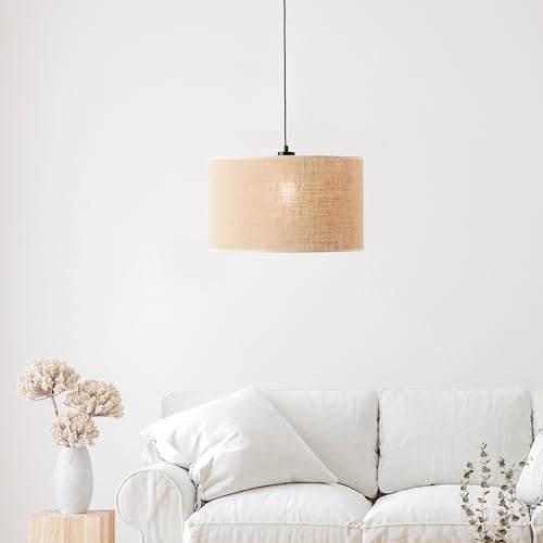 Lightbox Boho Hängelampe - 117 cm Höhe, Ø 40 cm - Nature Pendelleuchte mit Stoff Schirm & kürzbarem Kabel - E27, max. 40 W - aus Metall/Textil - in Schwarz/Hellbraun