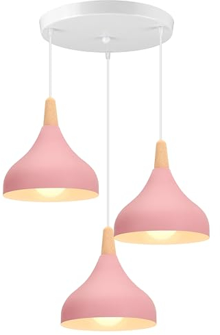 iDEGU 3 Luci Lampadario a Sospensione Retrò LED Lampada a Soffitto in Legna Metallo Moderna Lampada a Sospensione Stile Scandinavo Plafoniera per Soggiorno Camera Sala da Pranzo (Rosa, Rotondo)