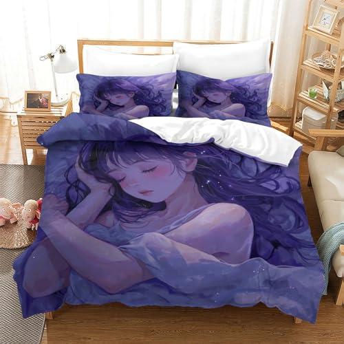 Lorolivier Anime Girl 3D Bettwäsche Set Microfaser Kinder Erwachsene, Cartoon Girl Bettbezug Und Kissenbezug Weich Haltbar Atmungsaktive,Single（140x200cm）