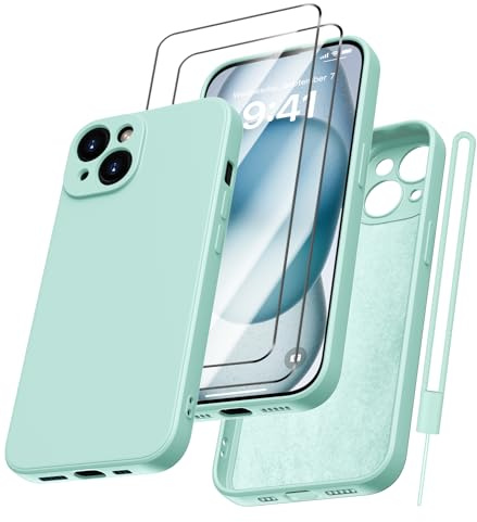 Kukiwhy für iPhone 15 Plus Hülle Silikon mit 2 Stück Panzerfolie - Dünne Microfiber Kratzfeste Stoßfeste Schutzhülle 6.7'' in Mintgrün