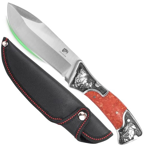 FULLHI 10cm cuchillos de caza de hoja fija fluorescente mango de resina cuchillo de caza con funda para camping senderismo supervivencia, Navidad y Acción de Gracias regalo (Rojo)
