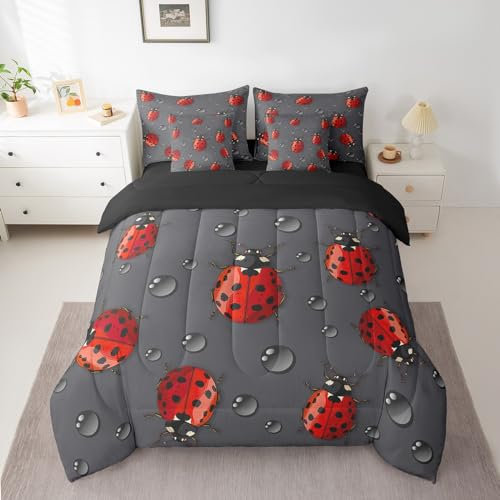 Erosebridal Marienkäfer-Bettwäsche-Set, 7-teilig, Bett in einer Tasche, Doppelbett, rote Marienkäfer-Bettwäsche-Sets mit Bettdecke