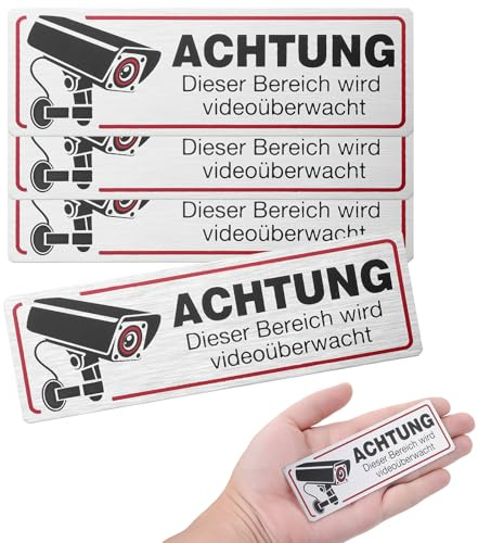 Simarro Videoüberwachung Schild - 2 Stück Selbstklebend Aluminium, 12x4cm - Warnschilder Achtung Kamera Überwachung (4 Stück Rot Schwarz)