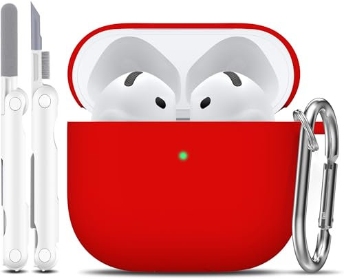 R-fun Custodia compatibile con Airpods 4th con kit di pulizia, custodia morbida in silicone con portachiavi, copertura protettiva completa compatibile con gli ultimi Airpods 4th di Apple,Rosso
