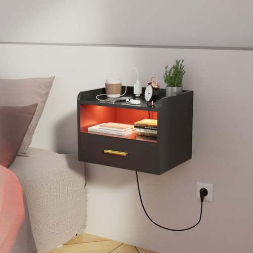 HaodaCulture Nachttisch Hängend mit led, Nachtschrank Schwarz, Offenes Fach Und Einer Schublade, 40x30x30cm, 16 Farben LED Nachttisch mit Ladestation,Modern, Wohnzimmer Schlafzimmer