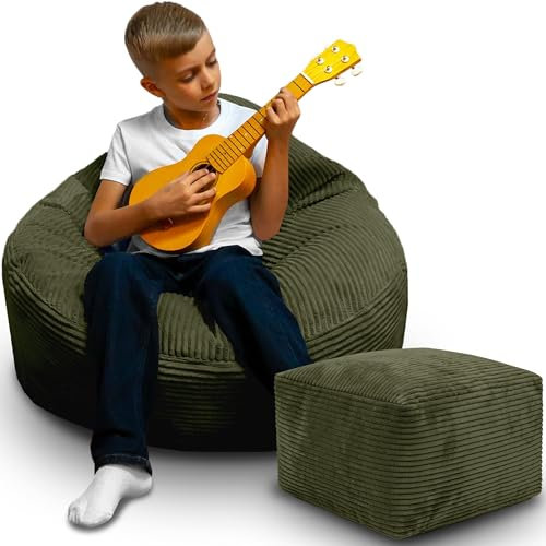 DreamRoots Sitzsack Erwachsene Cord oder Kinder - Bean Bag Sofa - Sitzsack Cord mit Hocker und Bezug - Sitzsäcke mit Füllung 70x70x70 cm Dark Olive