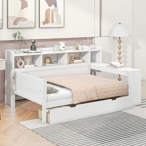 Kebnor Schlafsofa, Daybett, Tagesbett, 90 x 200 cm, Nachttischablage und Untertischablage, Bett mit Steckdose und USB-Anschluss, 2 Schubladen, Schreibtisch, Spanplatte(ohne Matratze) (Weiß)