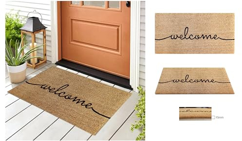 A.Unique Home 15mm Coir Doormat Non-Slip PVC Back - Welcome 40x80cm | Durable 15mm Coir Doormat with Non-Slip PVC Backing, Helps Remove Dirt & Moisture, Perfect for Front Doors & Busy Entrances
