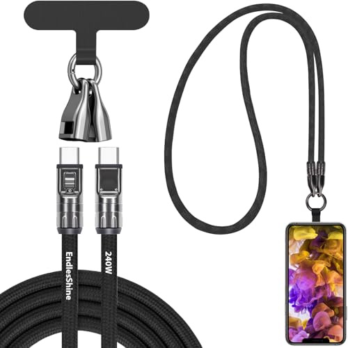 EndlesShine USB C Charge Cable 1.2m PD 240W 5A Fast Charging Phone Type C Charging Lanyard Cord 480mbps Data Transfer & Phone Charger for Type-C Devices (Black)