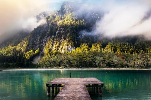 STYLER Glasbild Achen Lake 80 x 120 cm I Wandbild Bild Glas modern Küche Wohnzimmer Schlafzimmer Badezimmer | Naturmotiv See Berge Wald Achensee Tirol Österreich Steg | hochwertige Glasdeko