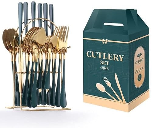 FATASH Cutlery Set for 1-6 People, 24pcs Stainless Steel Silverware with Hanging Stand, Mirror Polished Flatware Spoon, Fork, Butter Knife, Smooth Edges & Dishwasher Safe Dinner Tableware Green Gold
