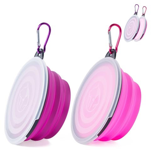 Lot de 2 gamelles de voyage pliables avec couvercle et crochet - En silicone - Pour chat, chien, voyage, randonnée et camping (rose et violet, petit)