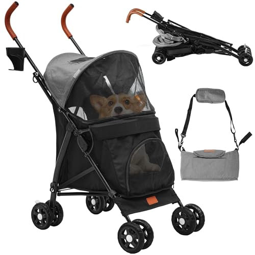 DWVO Hundewagen Hundebuggy für Hunde & Katzen bis 11,3 kg, Faltbar klappbar, Haustiere Buggy mit Kissen, Aufbewahrungskorb, Haustier-Kinderwagen 45,7x83x114cm, Katzenwagen (Grau Schwarz)
