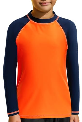 MASOCIO Boys Rash Vest Kids Swim Top Long Sleeve UV Sun Protection Rash Guard Childrens Swimwear Swimming Shirts Suit Age 11-12 Years Orange Navy Blue