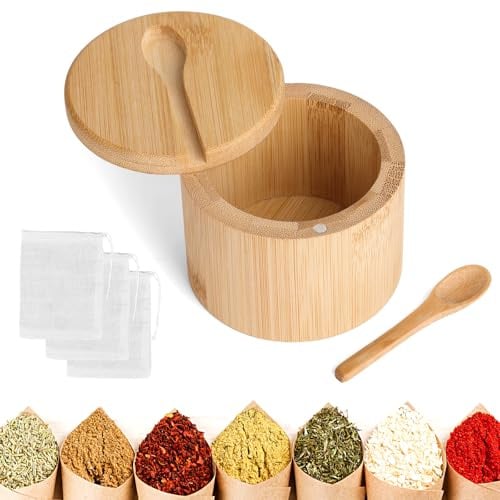 KASURE Salero para Cocina Bambú, Caja de Especias de Bambú Redonda, de Especias con Contenedor de Cierre Magnético, Sal, Pimienta, Hierbas y Más(3 bolsitas de especias gratis)