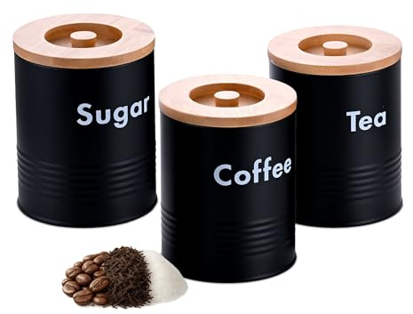Relaxdays storage canisters, set of 3, for coffee, tea, sugar, metal, bamboo lid, HxD: 14x11 cm, black/natural