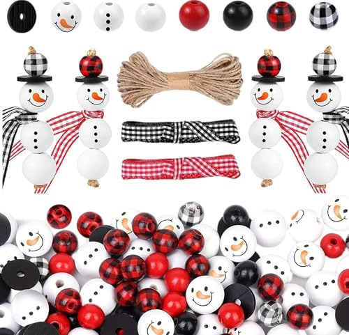 Eymobad 80 PCS Weihnachtsholzperlen,Schneemann Weihnachtsmann Holzkugeln,Rustikale Weihnachtsdeko,Schneemann Holzkugeln mit Hanfseil für DIY-Basteleien,Weihnachtsdeko Homedeko,Weihnachts-Holzperlen