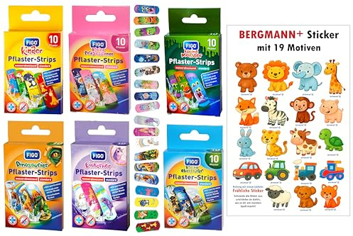 60x Kinderpflaster FIGO mit 19 Motiven+ 【gratis】BERGMANN⁺® Aufkleber, Klinisch getestet, Wasserabweisend, Pflaster Set für Mädchen und Jungs, Strips, bunte Pflaster, Sticker, Kindergeburtstagsgeschenk