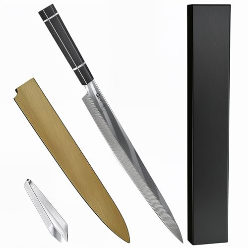 Qavi Sashimi Chef Knife, 27cm | Damascus Steel, 34 Layers, VG10 Core, Single Bevel Edge, Ebony Wood Handle