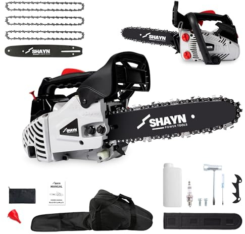 SHAYN 26cc Petrol Chainsaw - 2-Stroke Top Handle Chain Saw with 10 Bar, 3 Spare Chain, Anti-Vibration, Low-Noise, Auto Oiler, Toolkit & Carry Bag- Lightweight Garden Saw with 3-Year Warranty (Grey)