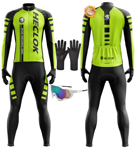 HECLOK Thermo-Fleece Radkleidung Herren Set, Winddichtes Langarmtrikot & Bibshorts mit Gel Sitzpolster, für Rennrad & Mountainbike MTB (inkl. Brille + Handschuhe) – Winter Cycling Kit