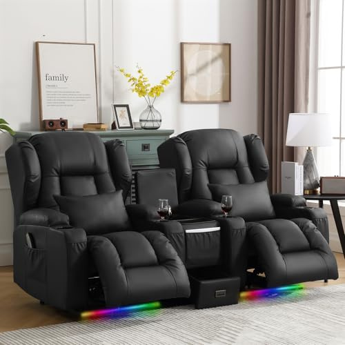 SITURAY Elektrisch Verstellbar Relaxsessel mit Liegefunktion | Fernsehsessel TV Sessel mit Massage und Wärme, Modern Kinosessels mit LED/USB, bis 150 kg, Kunstleder Schwarz, mit Konsole