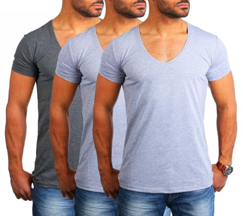Young & Rich Herren Uni T-Shirt Basic mit extra tiefem V-Ausschnitt Slimfit deep V-Neck Stretch dehnbar 1315