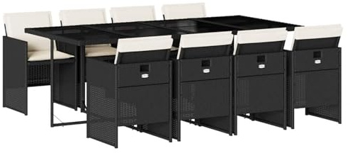 HOMELEN Gartenmöbel Set 9-teilig mit Kissen Schwarz Poly Rattan wetterfestes Garten-Essgeschirr aus langlebigem PE-Rattan Glas-Tisch und gepolsterten Stühlen für Terrasse Garten Balkon