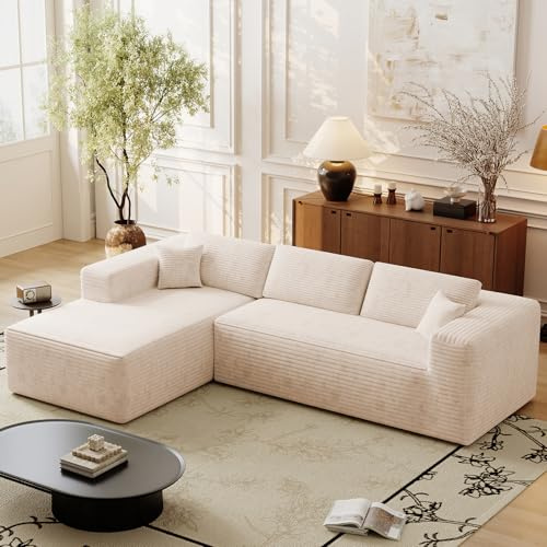 Ligterra 275cm Ecksofa Modulares Sofa, Boneless Couch, L Sofa mit Schlaffunktion, Cord mit Tiefer Sitzfläche, Breiten Armlehnen, für Wohnzimmer, Wohnungen, 275×178×80cm (Linke Seite, Beige)