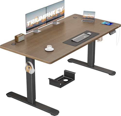 TRIUMPHKEY Höhenverstellbarer Schreibtisch 140x70, 18mm Tischplatte & USB-A | Schreibtisch Höhenverstellbar mit 3 Memory-Steuerung,Sitz‑Erinnerung & Kabelmanagement, Computertisch,Standing Desk,Walnuss