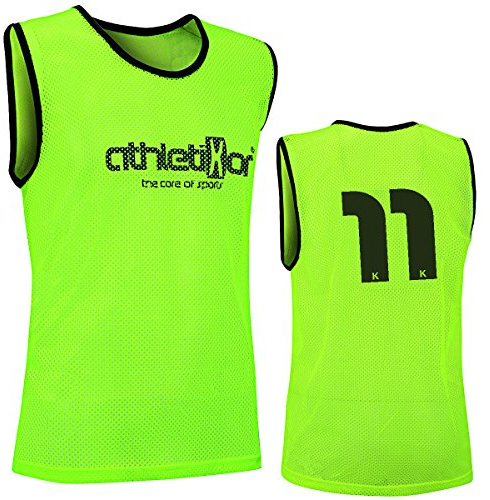 athletikor 12 Fußballleibchen mit Rückennummern - Trainingsleibchen - Leibchen - Markierungshemden (Gelb, D – B Jugend M/L: 64X50CM)