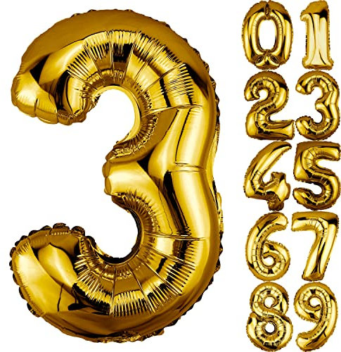 DekoRex Folienballon Gold 40cm Geburtstag Jubiläum Hochzeit Deko (Zahl 3)