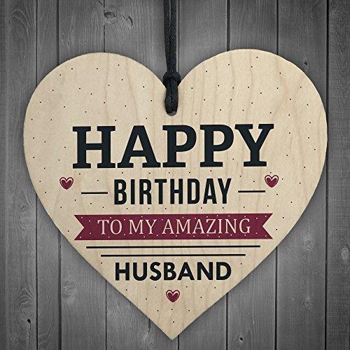 RED OCEAN Happy Birthday Husband Wife Hubby Partner Wooden Heart Plaque Card Gift For Him
