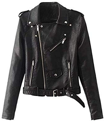 Giubbotto di Similpelle Chiodo Donna Giacca da Motociclista Pu Pelle Cappotto Zip Sottile Nero S