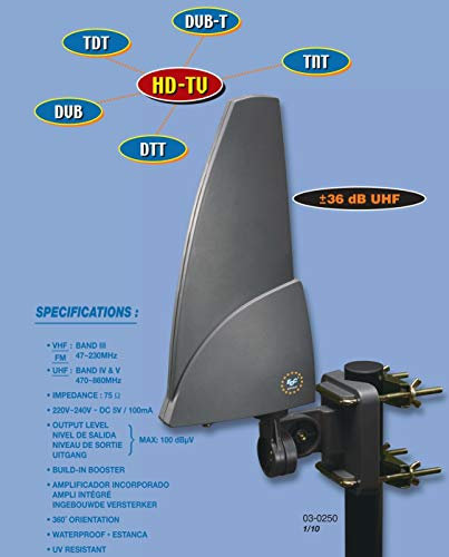 Antena externa DVB-T activa 28-36 DB VHF/UHF Full HD - con fuente de alimentación