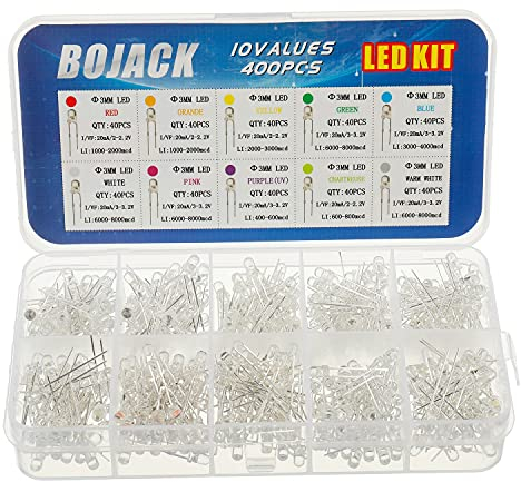 BOJACK 10 colors 400 pcs 3mm Diode Lights Assored Kit Pack (Transparent DC 2V - 3.2V 20mA) Bright Lighting Bulb Lamps Electronics Components 3 mm Light Emitting Diodes Parts