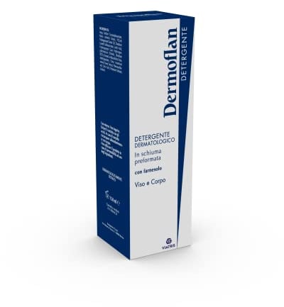 Dermoflan, Schaumreiniger für Gesicht und Körper für empfindliche und gereizte Haut, feuchtigkeitsspendend und beruhigend, dermatologisch getestete Formel, antibakterieller Schaum, 150 ml