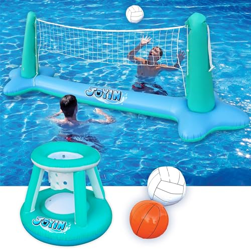 JOYIN Flotteurs gonflables pour piscine, filet de volley-ball et panier de basket-ball, jeu de natation flottant pour enfants et adultes, flotteurs d'été, jouets d'été pour les sports aquatiques, bleu