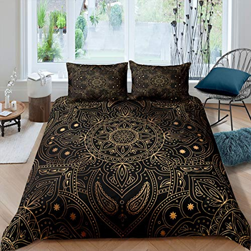 Boho Mandala Betten Set Böhmischer Stil Bettwäsche Set 135x200cm für Kinder Erwachsene Hippie Mandala Bettbezug Set Exotische Blumen Bettwäsche Raumdekoration Golden Schwarz 2St. Mit 1 Kissenbezug