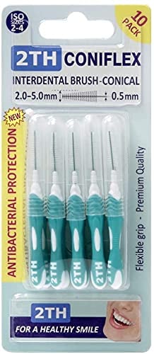 2TH Coniflex 10 Stück Interdentalbürsten ISO Größe 2 bis 5 (2-5 mm). Extra weiche, widerstandsfähige, konische Interdentalbürsten. Flexibler Griff