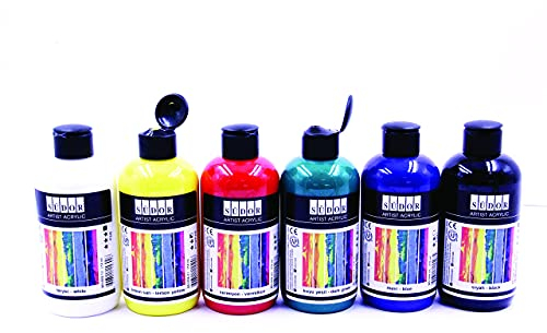 Südor® Acrylfarben Set 6x250ml (1500 ml)-deckende Malfarben- schnell trocknend- hoher Anteil an Farb-Pigmenten, geeignet für Acryl Pouring, zum Malen auf Holz, Stein, Leinwand, Glas, Kunststoff, Pappe